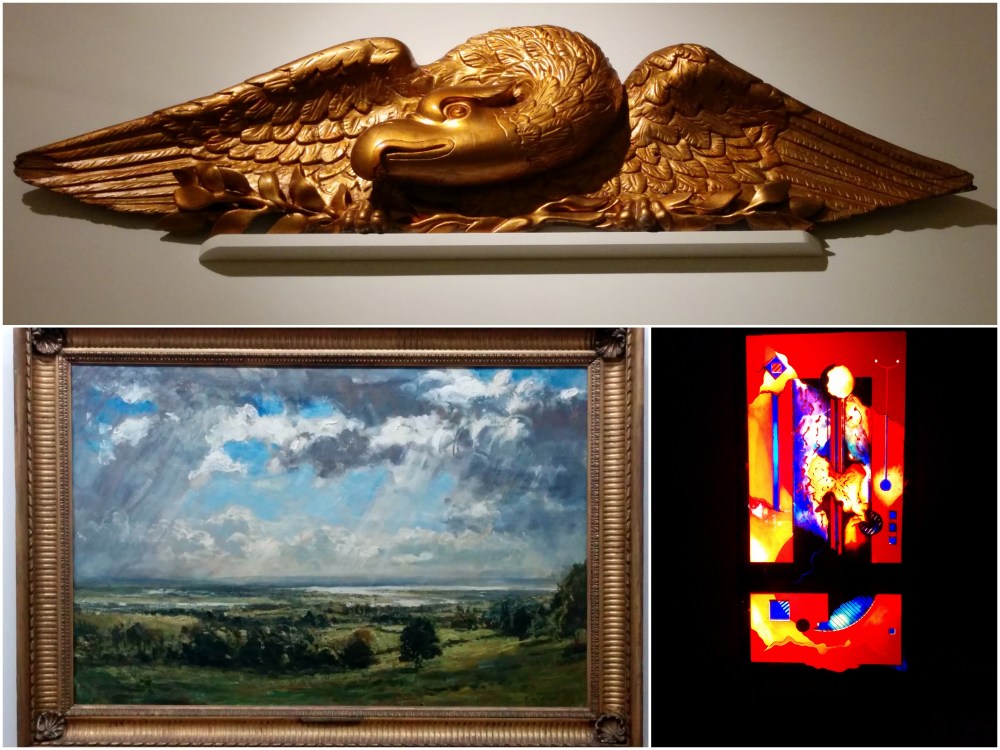 From top clockwise: a golden stylized phoenix, a stained glass window and a gorgeous oil landscape.